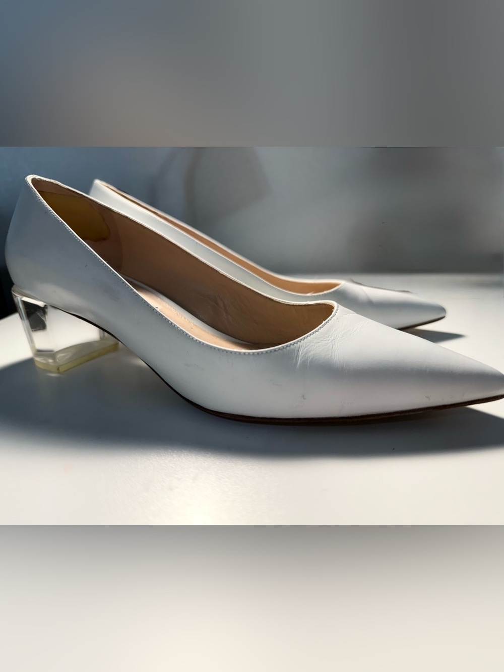 Authentic Stuart Weitzman 50mm Carole White Lucite Block Heel Pointed Toe Pumps